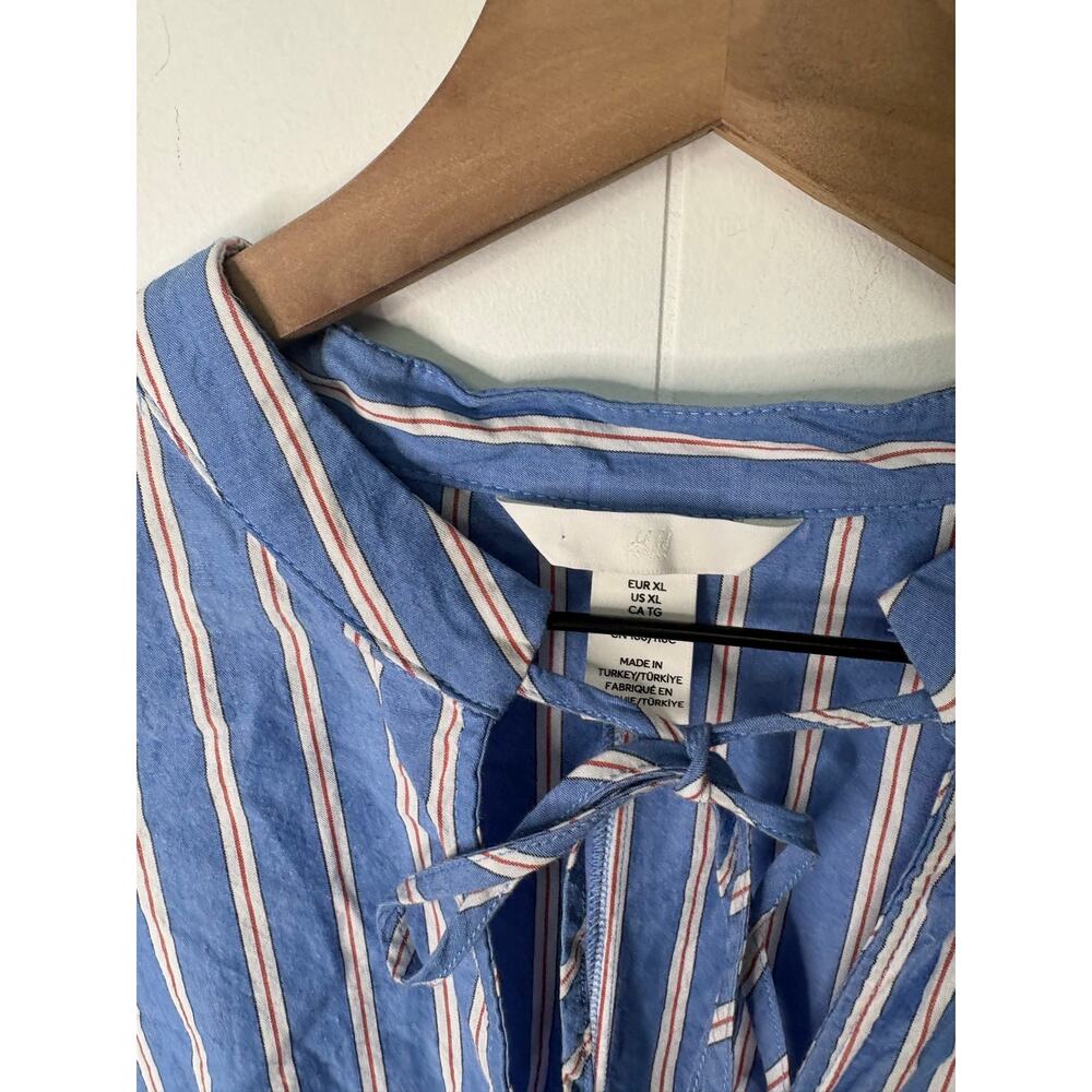 H&M Blue Stripe Bubble Dress XL Balloon Sleeve Tie Front Cottagecore Peasant - Picture 7 of 7